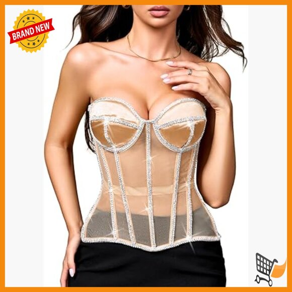 Other - Sheer Mesh Corset with Rhinestones, Strapless Lace-Up Shapewear Top